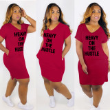 Plus Size Letter Print V Neck Casual Midi Dress HGL-2002
