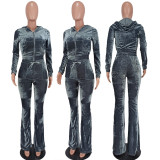 Solid Velvet Hooded Long Sleeve Flare Pants 2 Piece Sets YD-8527