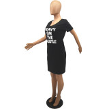 Plus Size Letter Print V Neck Casual Midi Dress HGL-2002