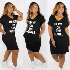 Plus Size Letter Print V Neck Casual Midi Dress HGL-2002