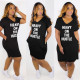 Plus Size Letter Print V Neck Casual Midi Dress HGL-2002