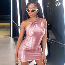 Solid Color Slash Shoulder Sleeveless Mini Dress BLG-289917K