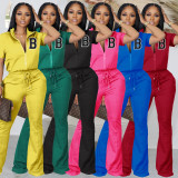 Plus Size Short Sleeve Zipper Top Flare Pants Casual Two-piece Set XHSY-19538