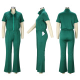 Plus Size Short Sleeve Zipper Top Flare Pants Casual Two-piece Set XHSY-19538