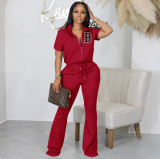 Plus Size Short Sleeve Zipper Top Flare Pants Casual Two-piece Set XHSY-19538
