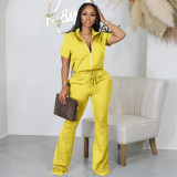 Plus Size Short Sleeve Zipper Top Flare Pants Casual Two-piece Set XHSY-19538