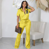 Plus Size Short Sleeve Zipper Top Flare Pants Casual Two-piece Set XHSY-19538