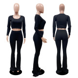 Solid Color Slim Long Sleeve Flare Pants Suit DDF-8040