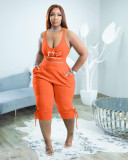 Plus Size Solid Print Sling Vest And 3/4 Pants Two Piece Set TK-6275