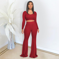 Solid Color Slim Long Sleeve Flare Pants Suit DDF-8040
