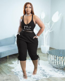 Plus Size Solid Print Sling Vest And 3/4 Pants Two Piece Set TK-6275