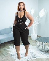 Plus Size Solid Print Sling Vest And 3/4 Pants Two Piece Set TK-6275