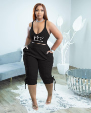 Plus Size Solid Print Sling Vest And 3/4 Pants Two Piece Set TK-6275