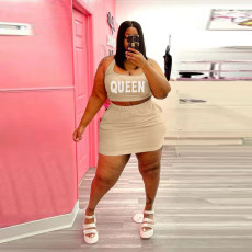 Plus Size Letter Hot Drill Tank Tops And Skirt Sport Suit WAF-211246