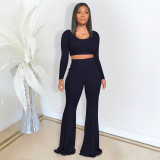 Solid Color Slim Long Sleeve Flare Pants Suit DDF-8040