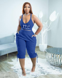 Plus Size Solid Print Sling Vest And 3/4 Pants Two Piece Set TK-6275