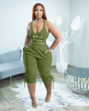 Plus Size Solid Print Sling Vest And 3/4 Pants Two Piece Set TK-6275