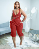 Plus Size Solid Print Sling Vest And 3/4 Pants Two Piece Set TK-6275