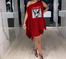 Sleeveless Slash Shoulder Loose Print Two Piece Set TK-6273