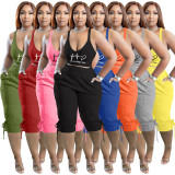 Plus Size Solid Print Sling Vest And 3/4 Pants Two Piece Set TK-6275
