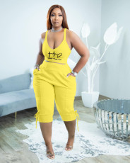 Plus Size Solid Print Sling Vest And 3/4 Pants Two Piece Set TK-6275