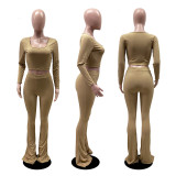 Solid Color Slim Long Sleeve Flare Pants Suit DDF-8040