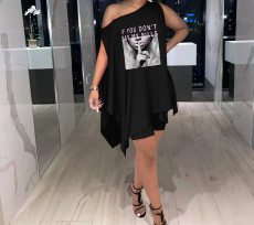 Sleeveless Slash Shoulder Loose Print Two Piece Set TK-6273