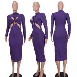 Fashion Solid Color Hollow Out Midi Dress YD-1164