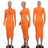 Fashion Solid Color Hollow Out Midi Dress YD-1164