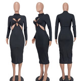 Fashion Solid Color Hollow Out Midi Dress YD-1164