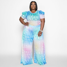 Plus Size Tie Dye Puff Sleeve Wide Leg Pant 2 Piece Set NNWF-3236