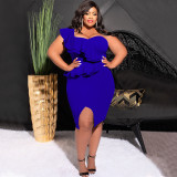 Plus Size Ruffles Single Shoulder Split Dress NNWF-7783