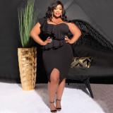 Plus Size Ruffles Single Shoulder Split Dress NNWF-7783