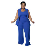 Plus Size Solid Sleeveless WIde Leg Pant 3 Piece Set NNWF-3099