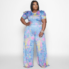 Plus Size Tie Dye Puff Sleeve Wide Leg Pant 2 Piece Set NNWF-3236