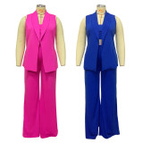 Plus Size Solid Sleeveless WIde Leg Pant 3 Piece Set NNWF-3099