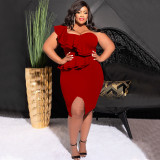 Plus Size Ruffles Single Shoulder Split Dress NNWF-7783