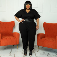 Plus Size Solid Color V Neck Sport Jumpsuit NNWF-3235