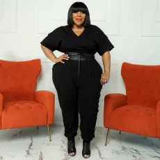 Plus Size Solid Color V Neck Sport Jumpsuit NNWF-3235