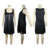 Plus Size Letter Print Sleeveless Loose Top+Shorts 2 Piece Sets TE-2032