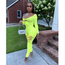 Solid Color Long Sleeve Holes Two Piece Pant Set GDYF-6610