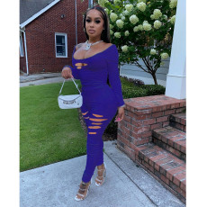 Solid Color Long Sleeve Holes Two Piece Pant Set GDYF-6610