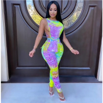 Plus Size Printed Bandage T-shirt And Pleated Pencil Pants Set GDYF-6608