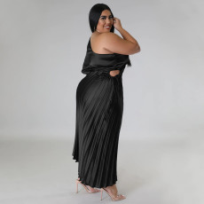 Plus Size Fashion Slash Shoulder Pleated Long Dress NNWF-7793