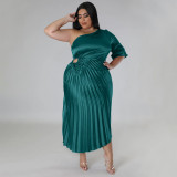 Plus Size Fashion Slash Shoulder Pleated Long Dress NNWF-7793