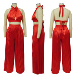Solid Halter Crop Tops And Wide Leg Pant 2 Piece Set YF-10410