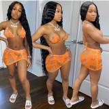 Sexy Letters Print Bikini Hanging Neck Swimsuit Three Piece Set JRF-243