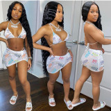 Sexy Letters Print Bikini Hanging Neck Swimsuit Three Piece Set JRF-243