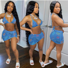 Sexy Letters Print Bikini Hanging Neck Swimsuit Three Piece Set JRF-243
