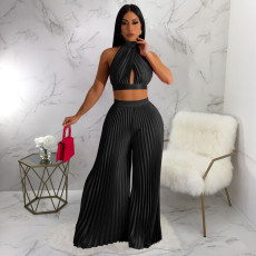 Solid Halter Crop Tops And Wide Leg Pant 2 Piece Set YF-10410